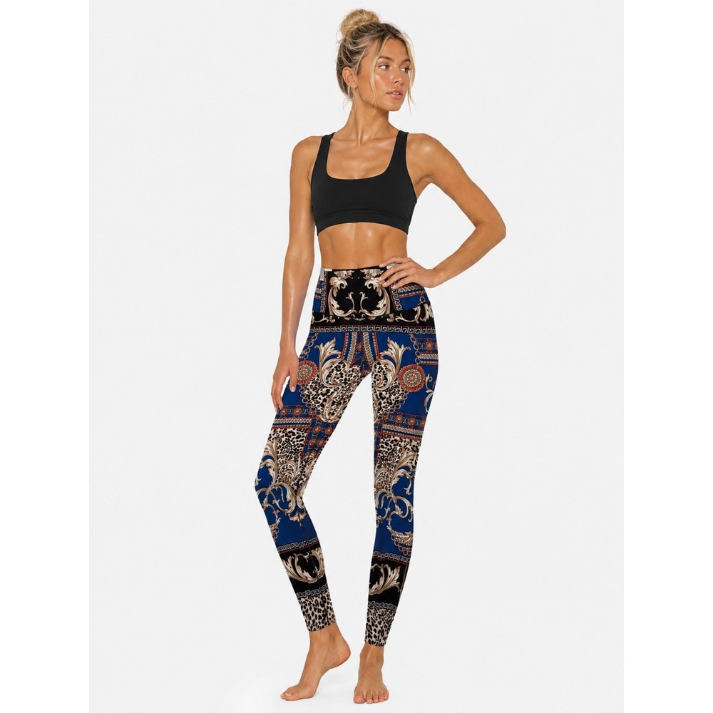 Eva Varro Small Baroque Leopard Print Leggings Blue Black Gold USA Made size S